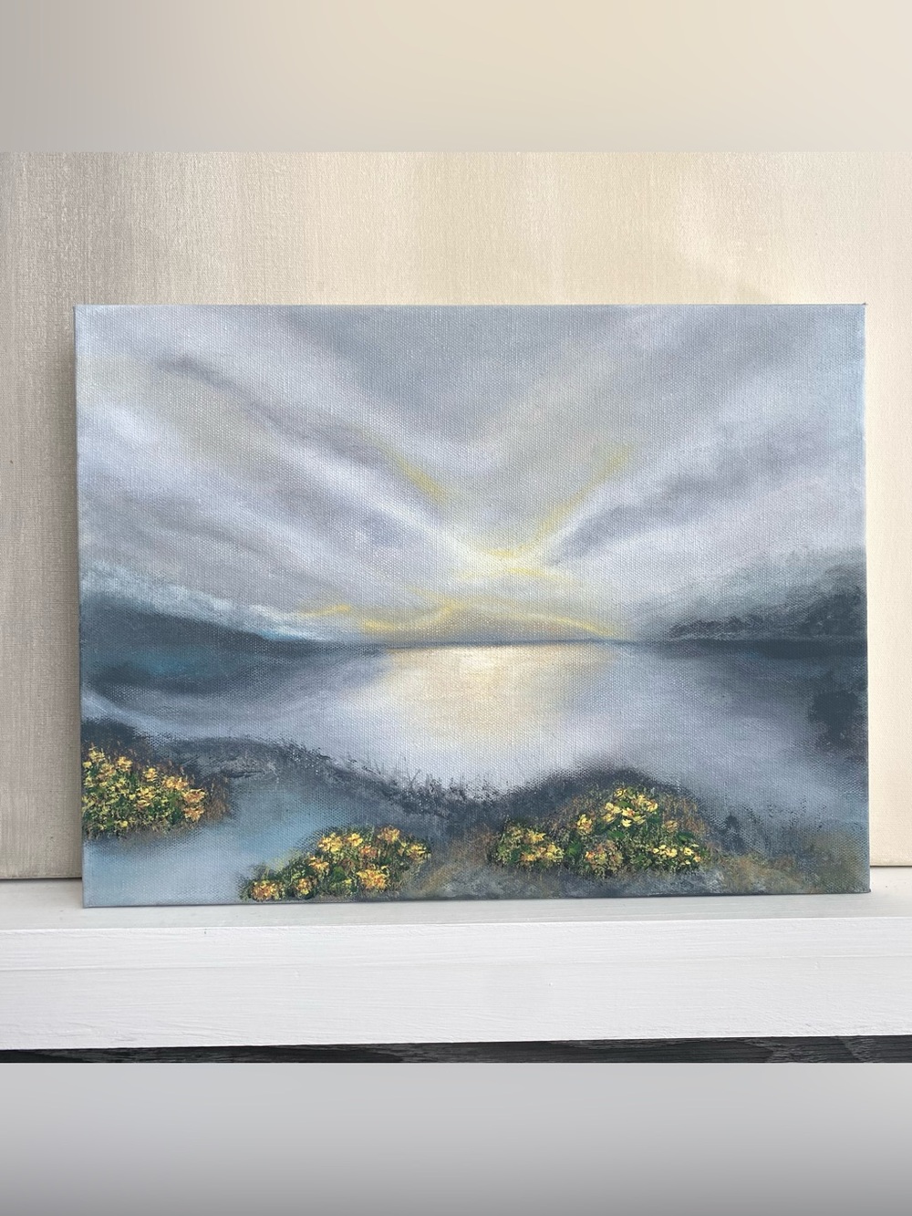 Original Fine Art Mountain Lake Contemporary Blue Grey Sunset wall art shelf art
